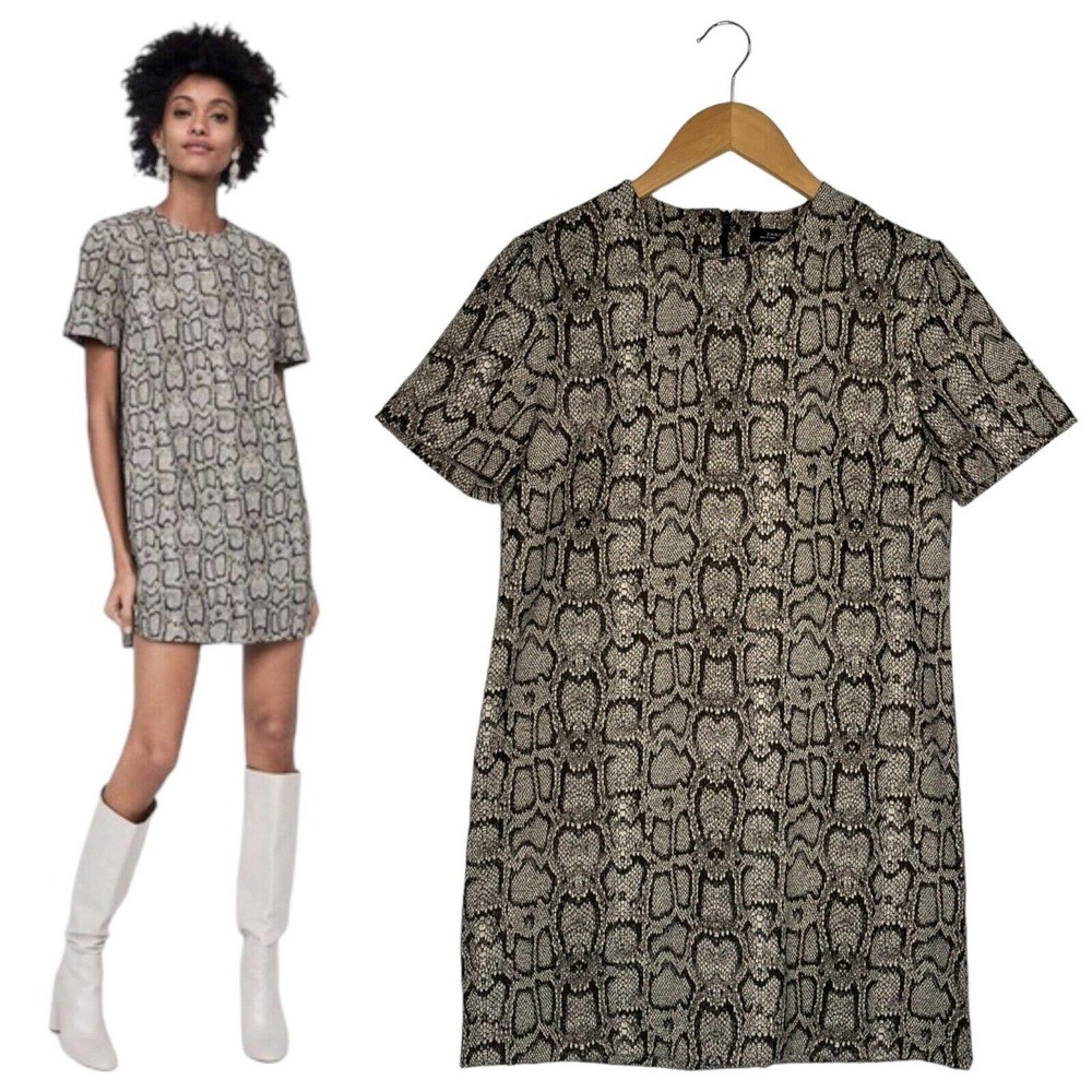Zara Woman Snakeskin Textured Short Sleeve Round Neck Shift Dress Brown XS